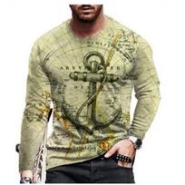 Vintage Anchor Print Vyriški marškinėliai ilgomis rankovėmis Pavasario medvilnės Crew Neck Vyriški viršūnės Oversized marškinėliai Vyriški drabužiai ES dydis 5XL XS beige