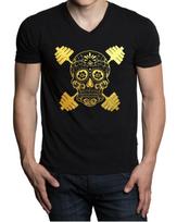 Gold Foil Sugar Skull Dumbbell V Neck Black Workout Bodybuilding Unisex T-shirts XXXXL brown