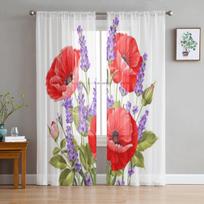 Lavender And Poppy Flowers Tulle Sheer Curtains for Living Room the Room Bedroom Kitchen Decoration Voile Organza Curtains 135W x 114H(cm) red