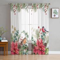 Christmas Fir Tree Robin Winter Living Room Bedroom Transparent Sheer Curtains Holiday Decoration Window Voile Tulle Curtain 135W x 114H(cm) white