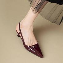 Fasion Summer Women's Dress Shoes Pointed Toe Sandals Buckle Slingbacks Mid Heels Pumps Patent Leather Slip 35