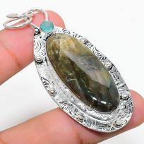 Natūralus labradoritas, chalcedono brangakmenis 925 svarų sterlingų sidabro pakabukas 2,72  F6n44 gray