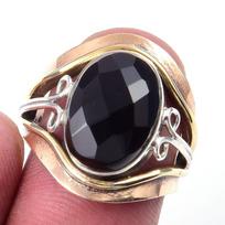 Natural Black Onex Gemstone Handmade 925 Sterling Silver Two Tone Ring S.6 B4V61