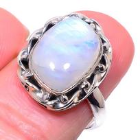 Natural Rainbow Moon Stone Gemstone 925 Solid Sterling Silver Ring Size 7.5 F0Y29 white