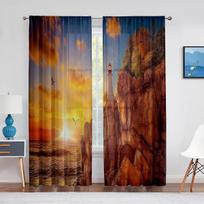 Lighthouse Seaside Rocks Coast Building Tulle Curtains Kitchen Home Decor Chiffon Sheer Voile Curtains for Living Room Bedroom 1 PCS W100XH250cm&Rod Pocket