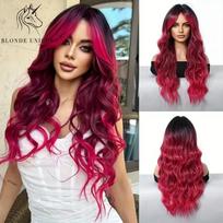BLONDE UNICORN Auksiniai juodi raudoni sintetiniai perukai Ilgi banguoti perukai su kirpčiukais Kasdienis Cosplay vakarėlis, naudokite karščiui atsparų pluoštą moterims black