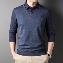 Men's Spring New Fake Two-piece Shirt Men's Lapel Cotton Solid Color Loose Loose T-shirt for Young and Middle-aged Men M