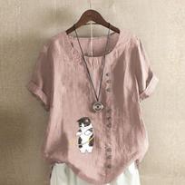 Women's Fashion Hula Hoop Cat Prined Round Neck Short Sleeve T-shirt Casual Cotton Linen Graphic Shirt Leisure Loose Summer Blouse Tops S rožinė