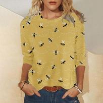 Women's Long Sleeves T-shirts Fall/Winter New Cute Bee Print Tees Fashion Trend O-neck Tops Casual Loose Cotton Women Clothing S beige