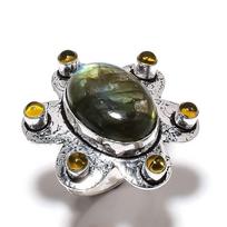 Natural Labradorite, Citrine Gemstone 925 Sterling Silver Ring Size 8 T9Y64 black