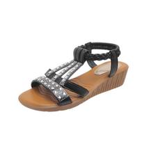 Women's Sandals Summer Bohemia Platform Wedges Shoes Crystal Gladiator Rome Woman Beach Shoes Casual Elastic Band Female 43 juoda