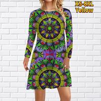Women Casual Dress Kaleidoscope Totem Print Dresses For Women O-neck Short Sleeve Dress Plus Size XS geltona