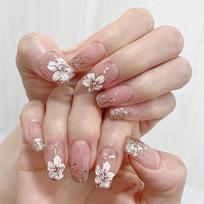 24pcs Long Ballerina Shape Press On Nails, Fake Nail With Flower Decor, Glitter Full Cover Nails For Women