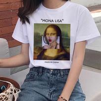 Harajuku Mona Lisa T-Shirt Women Funny Ullzang Print T-Shirt Grunge Aesthetic Fashion Tshirt 90s S balta