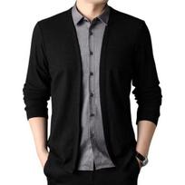 Men Spring Fall Top Fake Two-piece Shirt And Cardigan Patchwork Knitted Sweater Turn-down L juoda