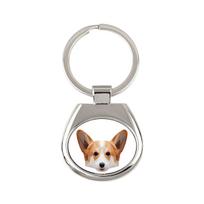Pembroke Welsh Corgi - geometrinis raktų pakabukas su nuotrauka ir užrašu Art-Dog balta