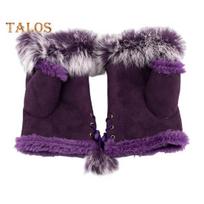 1 Pair Women Winter Mittens Adjustable Drawstring Thick Plush Faux Fur Windproof Anti-slip Student Writing Gloves Keep Warm Fingerless Typing Mittens violetinė
