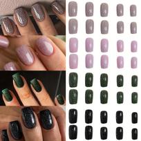 96pcs Mid-length Square Shape Press On Nails, Fake Nail With Glitter Powder Decor, Glitter Full Cover Nails For Women gray