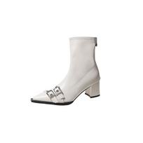 Designer Buckle Ladies Short Booties With Square Heels Pumps Shoes Female Footwear Fashion Pointed Toe Women Ankle Stretch Boots 35