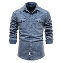 Medvilniniai vyriški džinsiniai marškiniai su dviem kišenėmis, vienspalviai, laisvalaikio, vyriški kaubojiški marškiniai, rudeniui, slim fit, ploni marškiniai vyrams, nauji USA S 50-60 kg mėlyna