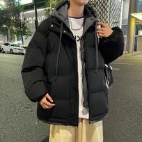 Winter Contrasting Color Splicing Fake Two-piece Couple Cotton Clothes Trendy Hooded Thickened Cotton Clothes Men Loose Warm M juoda