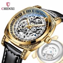 CHENXI Retro Drožinėtas Skeletas Vyriškas Laikrodis Prabangus Vintažinis Automatinis Mechaninis Laikrodis Tuščiaviduris Natūralios Odos Vandeniui Atsparus Šviečiantis Laikrodis Ant Riešo juoda/auksas