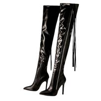 Nauji kutais dryžuoti aulinukai moterims, madingi, elastingi, odiniai, seksualūs, smailiomis nosimis, aulinukai su užtrauktuku, stiletto kulniukais, batai mujer 35 black