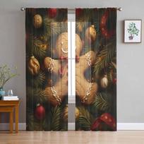 Christmas Pine Branch Gingerbread Man Curtains For Living Room Bedroom Home Decoration Window Voile Tulle Curtain Drapes W135 x H114cm