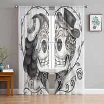 Love Skull Flowers Window Treatment Tulle Modern Sheer Curtains for Kitchen Living Room the Bedroom Curtains Decoration W135 x H114cm gray