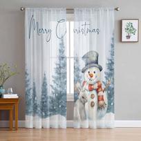 Christmas Snowy Snowman Rabbit Forest Sheer Curtains Modern Gauze Curtain for Living Room Bedroom Voile Yarn Curtains W135 x H114cm white