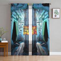Space Capsule Tulle Sheer Window Curtains for Living Room Kitchen Children Bedroom Voile Hanging Curtain W135 x H114cm white