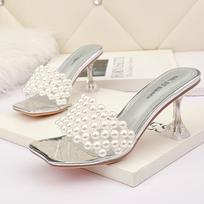 Fashion Beads Transparent slippers women sandalias flip flops glass high heels summer beach shoes female square toe clear pearl slides 6 juoda