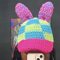 New Handmade Crocheted Ice Striped Cat Ear Hat, Fashionable and Versatile Autumn and Winter Adult Pullover Hat Adult 57-59cm blue