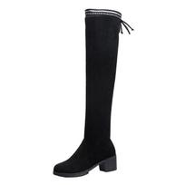 Fashion 2019 Flock Thigh High Boots High Heeled Thick with Velvet Shoes Woman Winter Over The Knee Elastic High Casual Boots Women 5 juoda