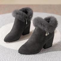 Fashion Big Size Bota Feminina 2024 Autumn Winter New Side Zip Rhinestone High-heeled Short Boots Fashion Pointed Zapatos Para Mujeres 35 pilka spalva
