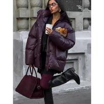 Žieminė šilta bordo spalvos pastorinta medvilninė striukė moterims elegantiška stovinčia apykakle, suvarstoma, kišenėmis, užtrauktuku, madingi moteriški gatvės viršutiniai drabužiai S