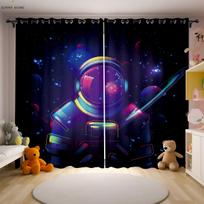 Dreamy Astronaut Cartoon Universe Printed Curtains Children's Room Window Curtains Easy To Wash And Care Home Decoration 2 PCS W50xH140(CM)x2PCS&Grommet Top black