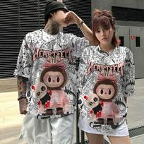 LABUBU new cartoon anime couple short sleeved T-shirt casual hip-hop street T-shirt top 6XL raudona