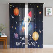 Space Universe Planet Rocket Sheer Curtains for Living Room Decoration Window Curtains for Kitchen Tulle Voile Organza Curtains W135 x H115cm x1 gray