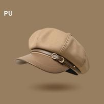 Octagonal Beret Female Spring and Autumn Newsboy Hat Retro Leather Duck Tongue Painter Hat Autumn and Winter Show Small Face One size chaki