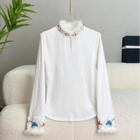 National Style Bottoming Shirt Autumn and Winter Chinese Embroidery Fashion Plush Collar Top T-shirt XXXXL balta