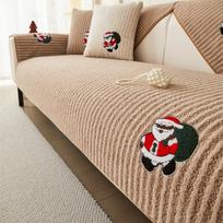 Stripe Teddy Fleece Santa Decor Sofa Cover Non-Slip Couch Cushion Slipcover Towel for Christmas Living Room Sofa Blanket X-mas 70*70 beige