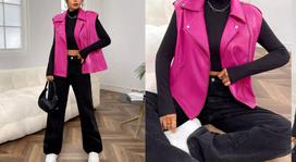 Stylish Winter Lambskin Handmade Fancy Women Leather Pink Barbie Vest Coat Waistcoat S rožinė