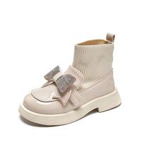 Children Ankle Boots for Girls Hook & Loop 2024 Glossy Simple Rhinestones Bow Casual Princess Sock Boots Casual Kids Fashion PU 26 smėlis