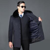 Winter dad thickened real rabbit fur collar middle-aged and elderly cashmere coat men's wool mid-length detachable liner jacket 190 black