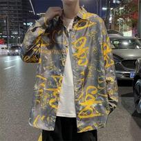 Summer New Youth Students Hong Kong Style Full Printed Short-Sleeved Shirt Korean Style Shirt Men's Long Sleeve Casual Top Shirt Coat M