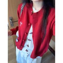 Christmas red outfit fake two-piece bow long-sleeved bottoming knitted cardigan for women in autumn and winter with round neck slim fit top S