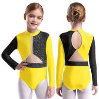 Girls Sparkly Rhinestones Jazz Bodysuit Dancewear Figure Skating Competition Dancewear Jazz Dance Leotard 5-6 Years geltona