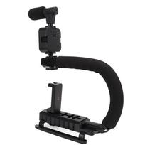 Rankinis vaizdo kameros stabilizatorius su LED lempute ir mikrofonu, nešiojamas U formos kameros stabilizatorius black