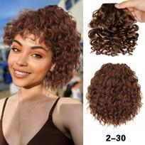 MISS WIG 2PCS Synthetic Messy Bun Hair Piece Loose Wavy Curly Drawstring Ponytail And Curly Bangs For Women Daily Wear 20cm brown